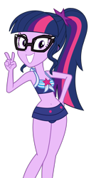 Size: 3111x5768 | Tagged: safe, artist:keronianniroro, derpibooru import, edit, edited screencap, screencap, sci-twi, twilight sparkle, human, better together, equestria girls, forgotten friendship, adorasexy, adorkable, bare shoulders, belly button, bikini, clothes, cute, dork, female, front knot midriff, glasses, grin, looking at you, midriff, peace sign, ponytail, sci-twi swimsuit, sexy, shirt, simple background, sleeveless, smiling, solo, swimsuit, transparent background, twiabetes, vector, vector edit