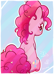 Size: 584x807 | Tagged: safe, artist:fipoki, derpibooru import, pinkie pie, earth pony, pony, aside glance, confetti in mane, female, looking at you, looking back, looking back at you, mare, outline, rear view, sitting, solo, sparkling mane, white outline