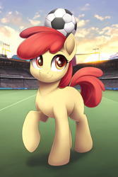 Size: 1536x2304 | Tagged: safe, derpibooru import, generator:novelai, generator:stable diffusion, machine learning generated, apple bloom, earth pony, pony, balancing, female, filly, foal, football, raised hoof, raised leg, soccer field, solo, sports