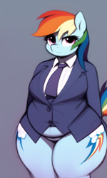 Size: 768x1280 | Tagged: safe, derpibooru import, generator:novelai, generator:stable diffusion, machine learning generated, rainbow dash, anthro, clothes, fat, female, rainblob dash, solo, suit
