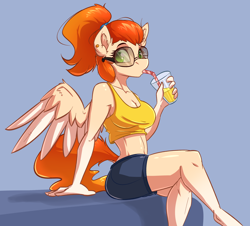 Size: 3040x2744 | Tagged: safe, artist:witchtaunter, derpibooru import, oc, oc only, oc:amity starfall, anthro, pegasus, anthro oc, art trade, clothes, crossed legs, drinking, ear fluff, ears, female, juice, lemonade, mare, midriff, ponytail, shorts, simple background, solo, spread wings, straw, straw in mouth, sunglasses, tanktop, wings