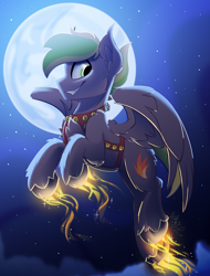 Size: 1900x2500 | Tagged: safe, artist:starcasteclipse, derpibooru import, oc, oc only, pegasus, pony, commission, flying, glowing, glowing hooves, jingle bells, male, moon, night, smiling, solo, stallion, ych result