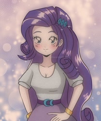 Size: 1000x1197 | Tagged: safe, artist:bananamilk_88, derpibooru import, rarity, equestria girls, 90s anime, anime, anime style, blushing, breasts, cleavage, clothes, looking at you, smiling, solo
