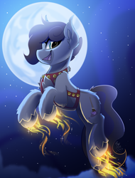 Size: 1900x2500 | Tagged: safe, artist:starcasteclipse, derpibooru import, oc, oc only, oc:cj vampire, earth pony, pony, ambiguous gender, commission, flying, glowing, glowing hooves, jingle bells, moon, night, smiling, solo, ych result