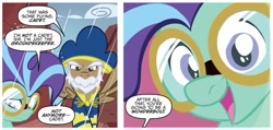 Size: 1334x636 | Tagged: safe, artist:nicoletta baldari, derpibooru import, idw, wind sock, earth pony, pegasus, pony, g4, spoiler:comic, spoiler:comic81, dialogue, duo, goggles, male, speech bubble, stallion, sweet dreams fuel, unnamed character, unnamed pony