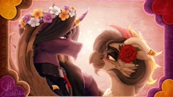 Size: 1920x1080 | Tagged: safe, artist:thatonegib, derpibooru import, oc, oc only, alicorn, bat pony, bat pony alicorn, griffon, pony, bat wings, blushing, clothes, duo, female, floral head wreath, flower, flower in hair, griffon oc, horn, jacket, jewelry, leather, leather jacket, looking at each other, looking at someone, male, male and female, ring, smiling, stallion, this will end in kisses, wedding ring, wings