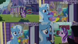 Size: 4400x2475 | Tagged: safe, derpibooru import, edit, edited screencap, editor:quoterific, screencap, starlight glimmer, trixie, pony, unicorn, road to friendship, female, glowing, glowing horn, gritted teeth, horn, luggage, magic, magic aura, mare, messy mane, open mouth, smiling, teeth, telekinesis, trixie's wagon, wagon