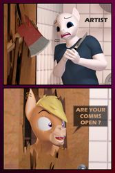 Size: 3080x4620 | Tagged: safe, artist:antonsfms, derpibooru import, oc, oc:nickyequeen, anthro, donkey, 3d, axe, commissioner:nickyequeen, crazy face, here's johnny, insanity, joke, knife, male, meme, movie reference, scared, source filmmaker, the shining, weapon