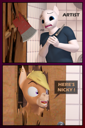 Size: 3080x4620 | Tagged: safe, artist:antonsfms, derpibooru import, oc, oc:nickyequeen, anthro, donkey, 3d, axe, commissioner:nickyequeen, crazy face, faic, here's johnny, insanity, joke, knife, male, meme, movie reference, scared, source filmmaker, the shining, weapon