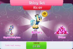 Size: 1270x850 | Tagged: safe, derpibooru import, mercury, starry eyes (character), crystal pony, pony, bag, bundle, clothes, costs real money, crystal, english, female, gameloft, gem, hat, mailbag, mailmare, mare, numbers, official, sale, shirt, shoes, solo, solo focus, text