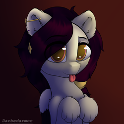 Size: 2048x2048 | Tagged: safe, artist:darbedarmoc, derpibooru import, oc, oc only, oc:locus, pony, sphinx, :p, ear piercing, looking at you, male, paws, piercing, scrunchie, smiling, solo, tongue, tongue out