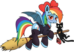 Size: 3097x2198 | Tagged: safe, artist:mark_ml, rainbow dash, bat, bat pony, cat, pony, blushing, cute, female, halloween, hoofless socks, kiki's delivery service, mare, pet, simple background, socks, transparent background, witch costume, witch hat