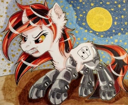 Size: 3359x2756 | Tagged: safe, artist:annuthecatgirl, derpibooru import, oc, oc:blackjack, pony, unicorn, fallout equestria, fallout equestria: project horizons, cybernetic legs, growling, moon, night, solo, traditional art