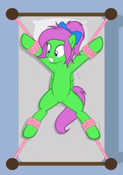 Size: 1536x2166 | Tagged: safe, artist:equestria secret guard, derpibooru import, oc, oc only, oc:zippy sparkz, pegasus, pony, pony creator, armpits, bed, belly button, bondage, featureless crotch, female, helpless, lying down, mare, on bed, pegasus oc, rope, rope bondage, sexy, show accurate, simple background, solo, spread eagle, spread legs, tied to bed, tied up