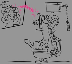 Size: 915x819 | Tagged: safe, artist:jargon scott, derpibooru import, starlight glimmer, twilight sparkle, twilight sparkle (alicorn), alicorn, pony, unicorn, but why, duo, eyes closed, faic, female, gray background, majestic as fuck, mare, monochrome, open mouth, partial color, s5 starlight, simple background, sitting, sitting on toilet, text, toilet, wat