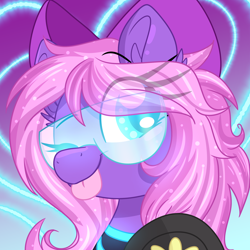 Size: 2000x2000 | Tagged: safe, artist:lbrcloud, derpibooru import, oc, oc only, oc:lillybit, pony, ;p, adorkable, bow, commission, cute, dork, gaming headset, glitch techs, headphones, headset, icon, microphone, one eye closed, ribbon, solo, tongue, tongue out, visor