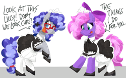 Size: 5600x3500 | Tagged: safe, artist:flutterthrash, derpibooru import, oc, oc only, oc:cinnabyte, oc:lillybit, earth pony, pony, bow, clothes, commission, cute, dork, duo, female, glasses, maid, mare, open mouth, ribbon, simple background, white background