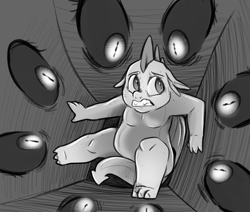 Size: 1259x1068 | Tagged: safe, artist:smirk, derpibooru import, spike, oc, oc:boogeymare, black sclera, claustrophobia, fear, grayscale, monochrome, nightmare fuel, scared, solo