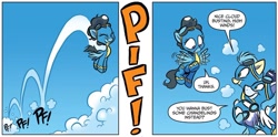 Size: 1334x663 | Tagged: safe, artist:jay fosgitt, derpibooru import, idw, fleetfoot, high winds, misty fly, soarin', pegasus, pony, g4, spoiler:comic, spoiler:comicannual2017, spoiler:guardians of harmony, clothes, cloud busting, dialogue, female, goggles, goggles on head, male, mare, onomatopoeia, solo focus, speech bubble, stallion, uniform, wonderbolts uniform