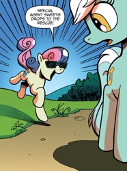 Size: 750x1009 | Tagged: safe, artist:andypriceart, derpibooru import, idw, bon bon, lyra heartstrings, sweetie drops, earth pony, pony, unicorn, g4, spoiler:comic, spoiler:comicannual2017, spoiler:guardians of harmony, dialogue, disguise, disguised changeling, duo, female, mare, secret agent sweetie drops, speech bubble, sunglasses