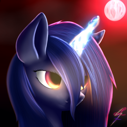 Size: 3000x3000 | Tagged: safe, artist:lightning_foxxu, derpibooru import, oc, oc:meelah, demon, unicorn, armageddon, blood moon, bust, femboy, glowing, high res, male, moon