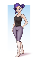 Size: 2257x3553 | Tagged: safe, artist:aquaticvibes, derpibooru import, rarity, human, bare shoulders, boots, clothes, female, humanized, passepartout, shoes, sleeveless, solo, tanktop