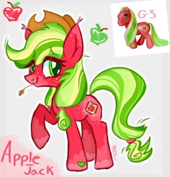 Size: 1033x1071 | Tagged: safe, artist:bloommoonbeam, derpibooru import, applejack, applejack (g3), g3, g4, apple, applejack's hat, clothes, cowboy hat, food, freckles, g3 to g4, generation leap, green eyes, green mane, green tail, hat, red coat, redesign, tail, twitter link, yellow mane, yellow tail