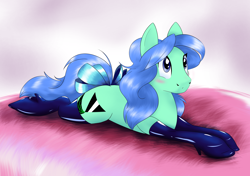 Size: 4096x2876 | Tagged: safe, artist:naivintage, derpibooru import, oc, oc:spearmint, earth pony, pony, bed, blushing, boots, bow, centaurworld, clothes, cosplay, costume, crossdressing, cute, latex, latex socks, lying down, shoes, socks, solo, tail, tail bow