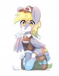 Size: 1590x2048 | Tagged: safe, artist:bubbletea, derpibooru import, derpy hooves, pegasus, pony, clothes, cute, derpabetes, female, hat, letter, looking at you, mailmare, mouth hold, simple background, sitting, socks, solo, white background