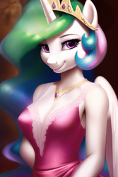 Size: 1536x2304 | Tagged: safe, derpibooru import, generator:stable diffusion, machine learning generated, princess celestia, alicorn, anthro, big breasts, breasts, cleavage, clothes, crown, dress, female, horn, jewelry, mare, princess breastia, regalia, smiling, solo, wings