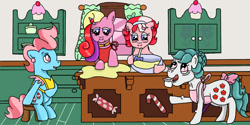 Size: 1263x633 | Tagged: safe, artist:kartaltheartist, derpibooru import, cup cake, cupcake (g1), cupcake (g4), earth pony, g1, g2, g4, 2017, apron, aunt and niece, baking, bow, bowl, cabinet, clothes, cousins, cupcake (g2), ear piercing, earring, elderly, female, g1 to g4, g2 to g4, generation leap, hairclip, implied pound cake, implied pumpkin cake, jewelry, mare, mixing bowl, mother and child, mother and daughter, parent and child, piercing, pregnant, siblings, sisters, sugarcube corner, tail, tail bow