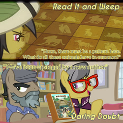 Size: 3072x3072 | Tagged: safe, derpibooru import, edit, edited screencap, editor:itsmgh1203, screencap, daring do, doctor caballeron, earth pony, pegasus, pony, daring doubt, read it and weep, season 2, season 9, spoiler:s09, book, bookshelf, crossed hooves, duo, duo male and female, female, glasses, male, mare, open mouth, open smile, smiling, stallion, text