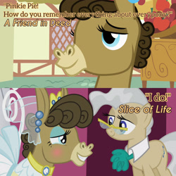 Size: 3072x3072 | Tagged: safe, derpibooru import, edit, edited screencap, editor:itsmgh1203, screencap, matilda, mayor mare, donkey, earth pony, pony, a friend in deed, season 2, season 5, slice of life (episode), clothes, crying, dress, duo, duo female, female, ponyville town hall, smiling, tears of joy, text