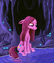 Size: 1088x1265 | Tagged: safe, artist:necromarecy, derpibooru import, pinkie pie, earth pony, pony, cave, mirror pool, pinkamena diane pie, sad, solo