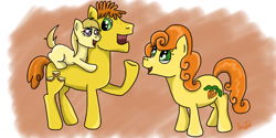 Size: 1263x633 | Tagged: safe, artist:kartaltheartist, derpibooru import, carrot cake, carrot top, golden harvest, noi, earth pony, pony, 2017, blank flank, female, filly, foal, freckles, male, mare, ponies riding ponies, riding, riding a pony, signature, stallion, trio, uncle and niece