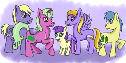 Size: 698x350 | Tagged: safe, artist:kartaltheartist, derpibooru import, alula, cloud kicker, goldengrape, pluto, princess erroria, sir colton vines iii, earth pony, pegasus, unicorn, 2016, apple stars, blank flank, brother and sister, family, father and child, father and daughter, father and son, female, filly, foal, headcanon, male, mare, mother and child, mother and daughter, mother and son, parent and child, siblings, sisters, stallion, stormfeather