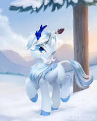 Size: 2000x2500 | Tagged: safe, artist:inowiseei, derpibooru import, oc, oc:code quill, kirin, cloven hooves, cute, feather, high res, kirin oc, leg fluff, leonine tail, male, quill, raised hoof, raised leg, smiling, snow, solo, stallion, tail, tree, tree trunk