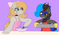 Size: 1600x957 | Tagged: safe, artist:gray star, derpibooru import, oc, oc:gray star, oc:heccin pepperino, earth pony, kirin, apron, baking, bow, clothes, cookie, female, food, freckles, glasses, hair bow, oven mitts