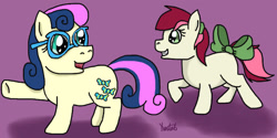 Size: 1263x633 | Tagged: safe, artist:kartaltheartist, derpibooru import, bon bon, roseluck, sweetie drops, earth pony, 2016, blank flank, bow, duo, duo female, female, filly, filly bon bon, filly roseluck, filly sweetie drops, foal, glasses, purple background, shadow, siblings, signature, simple background, sisters, tail, tail bow, twisted bon bon