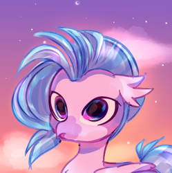 Size: 354x356 | Tagged: artist needed, safe, derpibooru import, silverstream, hippogriff, cute, eye reflection, female, folded wings, glowing, pouting, reflection, starry night, stars, wings