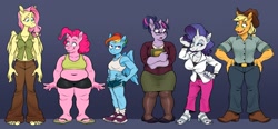 Size: 2224x1032 | Tagged: safe, artist:silverscarf, derpibooru import, applejack, fluttershy, pinkie pie, rainbow dash, rarity, twilight sparkle, anthro, earth pony, pegasus, plantigrade anthro, unicorn, barefoot, barefooting, belly button, book, boots, breasts, cardigan, chubby, cleavage, clothes, delicious flat chest, denim, ear fluff, ear piercing, earring, ears, eyes on the prize, eyeshadow, fat, feet, flats, flattershy, flip-flops, glasses, hair bun, height difference, jacket, jeans, jewelry, makeup, mane six, midriff, nail polish, pants, piercing, pudgy pie, questionable source, rainbow dash is not amused, raritits, sandals, shoes, shorts, sideboob, skirt, small breasts, smoldash, sports shorts, stockings, tallershy, tanktop, thigh highs, toenail polish, toes, unamused, vest