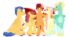 Size: 1280x640 | Tagged: safe, artist:itstechtock, derpibooru import, flash magnus, flash sentry, fluttershy, sunny delivery, zephyr breeze, pegasus, pony, brother and sister, female, half-siblings, male, mare, race swap, siblings, simple background, stallion, white background