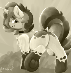 Size: 889x915 | Tagged: safe, artist:llametsul, derpibooru import, oc, oc:creme cookie, pony, unicorn, butt, chest fluff, female, looking at you, looking back, looking back at you, mare, monochrome, plot, raised hoof, raised leg, raised tail, sketch, solo, tail