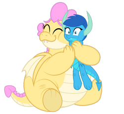 Size: 1020x940 | Tagged: safe, artist:ponygamer2020, derpibooru import, oc, oc only, oc:buttercream, oc:buttercream the dragon, oc:frosty, oc:frosty the dragon, dragon, absurd resolution, bear hug, cheek squish, chubby, claws, cute, cute little fangs, dragon oc, dragoness, duo, fangs, fat, female, hair, hand on hip, horn, hug, ice dragon, male, non-pony oc, personal space invasion, simple background, smiling, solo, squeezing, squishy cheeks, tail, teenaged dragon, teenager, transparent background, vector, wings