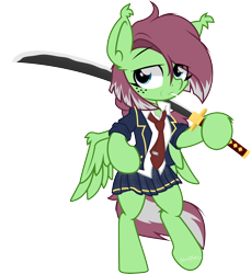 Size: 3400x3711 | Tagged: safe, artist:sherathoz, derpibooru import, oc, oc only, oc:watermelon success, pegasus, pony, 2023 community collab, bipedal, candy, clothes, derpibooru community collaboration, food, katana, lollipop, school uniform, simple background, solo, sword, transparent background, uniform, weapon