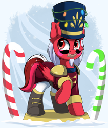 Size: 1658x1961 | Tagged: safe, artist:joaothejohn, derpibooru import, oc, oc:flamebrush, pegasus, pony, candy, candy cane, christmas, christmas lights, clothes, cute, food, hat, holiday, looking up, nutcracker, pegasus oc, simple background, snow, snowfall, wings