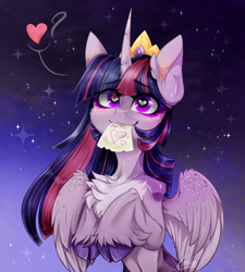 Size: 900x1000 | Tagged: safe, artist:carrion1750, derpibooru import, twilight sparkle, twilight sparkle (alicorn), alicorn, pony, belly button, chest fluff, cloven hooves, crown, curved horn, cute, female, heart, heart eyes, horn, implied lesbian, implied princess celestia, implied shipping, implied twilestia, jewelry, letter, love letter, mare, mouth hold, paper, regalia, skinny, thin, twiabetes, unshorn fetlocks, wingding eyes