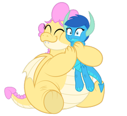 Size: 1020x940 | Tagged: safe, artist:ponygamer2020, derpibooru import, oc, oc only, oc:buttercream, oc:buttercream the dragon, oc:frosty, oc:frosty the dragon, dragon, absurd resolution, bear hug, cheek squish, chubby, claws, cute, cute little fangs, dragon oc, dragoness, duo, fangs, fat, female, hair, hand on hip, horn, hug, ice dragon, male, non-pony oc, personal space invasion, simple background, smiling, solo, squeezing, squishy cheeks, tail, teenaged dragon, teenager, transparent background, vector, wings