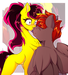 Size: 3794x4185 | Tagged: safe, artist:crasti, derpibooru import, oc, oc:fiery, oc:hardy, alicorn, pony, unicorn, blushing, boop, female, male, mare, noseboop, oc x oc, palindrome get, shipping, stallion, straight, wow