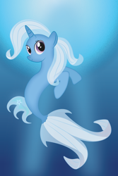 Size: 1200x1800 | Tagged: safe, artist:prixy05, derpibooru import, trixie, pony, seapony (g4), unicorn, blue mane, crepuscular rays, cute, digital art, dorsal fin, female, fish tail, flowing mane, flowing tail, horn, looking at you, mare, ocean, pink eyes, seaponified, seapony trixie, smiling, smiling at you, solo, species swap, sunlight, swimming, tail, underwater, water